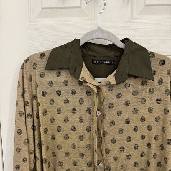 ELM by Matthildur 100% Linen Blouse Polka Dot Lagenlook Artsy Brown Tan Small - Picture 2 of 7